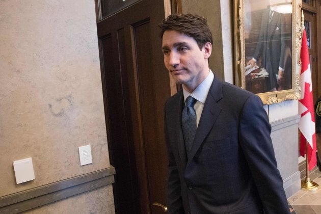 Canadian Prime Minister Justin Trudeau leaves after speaking to the press at Parliament Hill in Ottawa on Feb. 19, 2019.