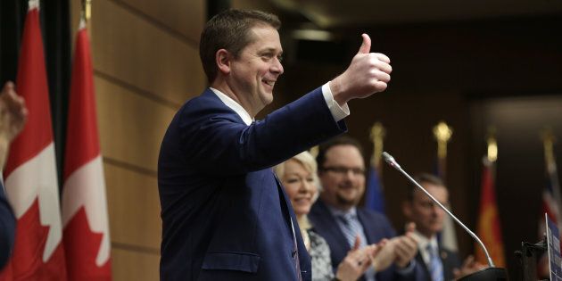 Andrew Scheer, leader of Canada's Conservative Party, gives a thumbs up after speaking during a caucus meeting in Ottawa on Jan. 27, 2019.