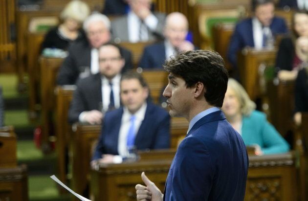 Prime Minister Justin Trudeau stands during question period in the House of Commons on Parliament Hill in Ottawa on Feb. 25, 2019.
