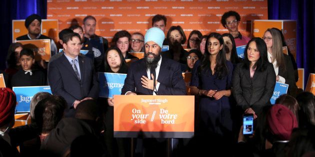 NDP Leader Jagmeet Singh speaks with supporters at the Burnaby South byelection in Burnaby, B.C., on Feb. 25, 2019.