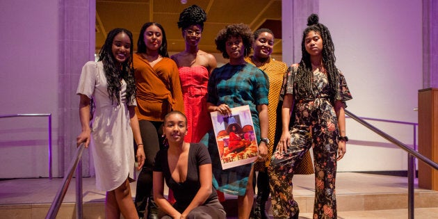 Members of the Black Wimmin Artists advisory committee pose at The Feast on Jan. 25, 2019. Back row, left to right: Ojo Agi, Sadora Asefaw, Kosi Nnebe, Anique Jordan, Najla Nubyanluv, Raven Lam. Front row: Setti Kidane.