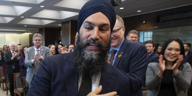 NDP leader Jagmeet Singh makes his way to the podium to deliver a speech to members of caucus and the party during a speech in Ottawa on Feb. 27, 2019.