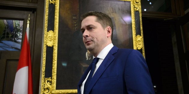 Conservative Leader Andrew Scheer holds a press conference in reaction to Jody Wilson-Raybould's appearance at the House of Commons Justice Committee on Parliament Hill in Ottawa on Feb. 27, 2019.