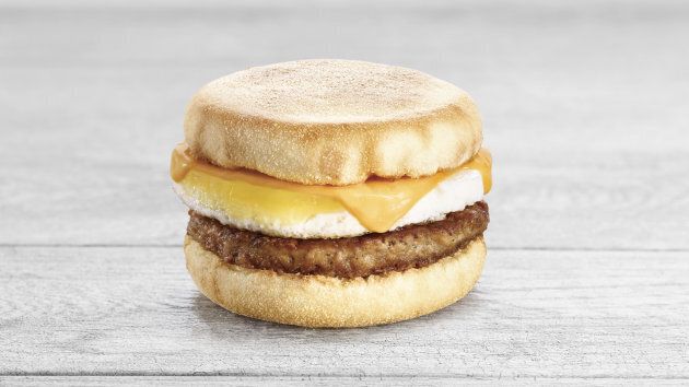 A&W's new breakfast sandwich, featuring egg, cheese and a Beyond Meat sausage patty.