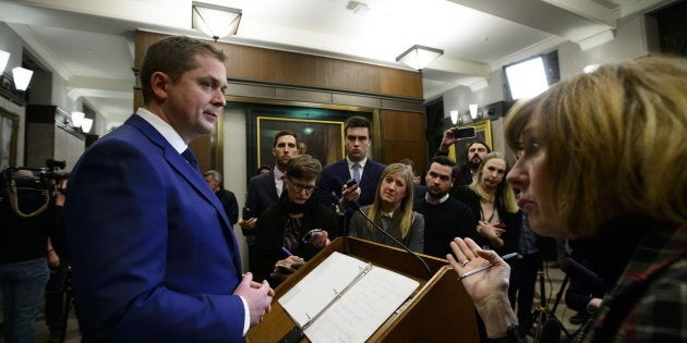 Conservative Leader Andrew Scheer holds a press conference in reaction to Jody Wilson-Raybould's appearance at the House of Commons justice committee on Parliament Hill on Feb. 27, 2019.