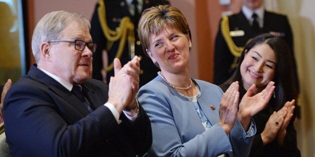 Newly appointed Veterans Affairs Minister Lawrence MacAulay, left to right, Minister of Agriculture and Argi-Food Marie-Claude Bibeau and Minister for Women and Gender Equality and newly appointed Minister of International Development Maryam Monsef attend a swearing in ceremony at Rideau Hall in Ottawa on March 1, 2019.