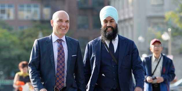 NDP Leader Jagmeet Singh walks with NDP MP Nathan Cullen on Parliament Hill in Ottawa on Sept. 20, 2017.