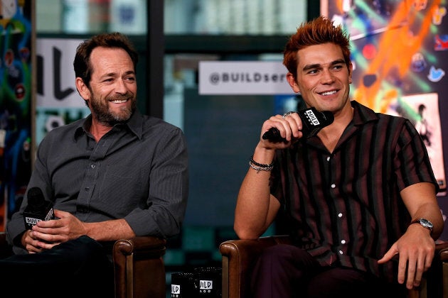 Luke Perry (L) and K. J. Apa attend the Build Series to discuss 'Riverdale' at Build Studio on Oct. 8, 2018 in New York City.