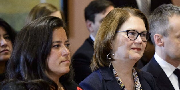 Liberal MPs Jody Wilson-Raybould and Jane Philpott take part in a cabinet shuffle at Rideau Hall in Ottawa on Jan. 14, 2019.