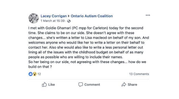 Ottawa-area mother Lacey Corrigan wrote this post on a Facebook group for the autism community on March 1, 2019.