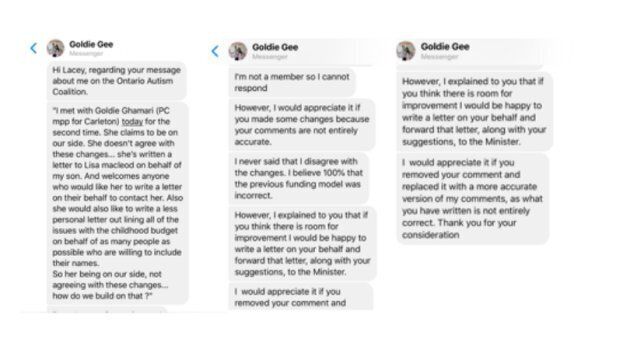 Carleton MPP Goldie Ghamari asked her constituent Lacey Corrigan to remove a post about their meeting via Facebook messenger.