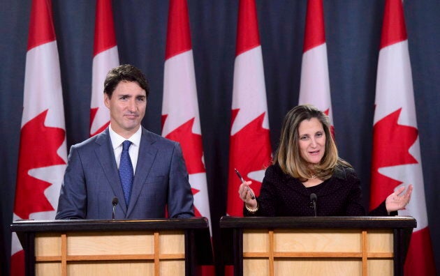 Prime Minister Justin Trudeau and Minister of Foreign Affairs Chrystia Freeland hold a press conference regarding the United States Mexico Canada Agreement (USMCA) at the National Press Theatre, in Ottawa on Oct. 1, 2018.