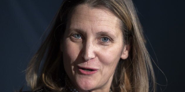 Foreign Affairs Minister Chrystia Freeland speaks to the media on March 5, 2019 in Longueuil, Que.