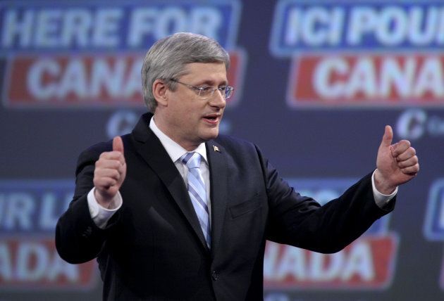 Then-Prime Minister Stephen Harper celebrates his majority government win in the federal election on May 2, 2011. Harper's Conservatives rose to a majority government after merging parties.