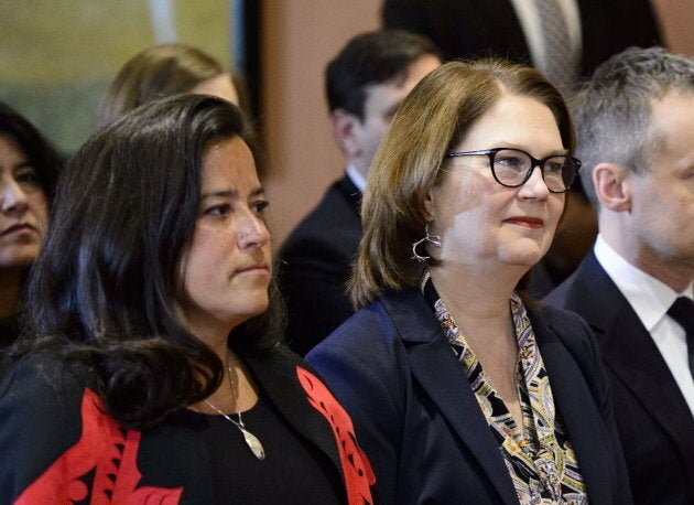 Liberal MPs Jody Wilson-Raybould and Jane Philpott take part in a cabinet shuffle at Rideau Hall in Ottawa on Jan. 14, 2019.