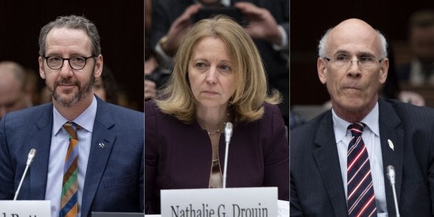 Left to right: The prime minister's former principal secretary Gerald Butts, deputy justice minister and attorney general Nathalie Drouin, and Privy Council Clerk Michael Wernick appear at a Commons committee on March 6, 2019.