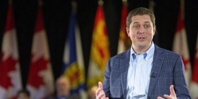 Federal Conservative Leader Andrew Scheer delivers remarks at a town hall event in Fredericton on Feb. 11, 2019.