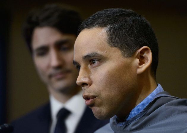 Prime Minister Justin Trudeau looks on as Natan Obed, President of the ITK, speaks during a press conference in Iqaluit, Nunavut on Friday.