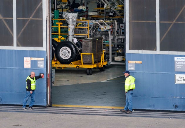 The door to the Boeing 737 factory closes on March 11, 2019 in Renton, Washington.