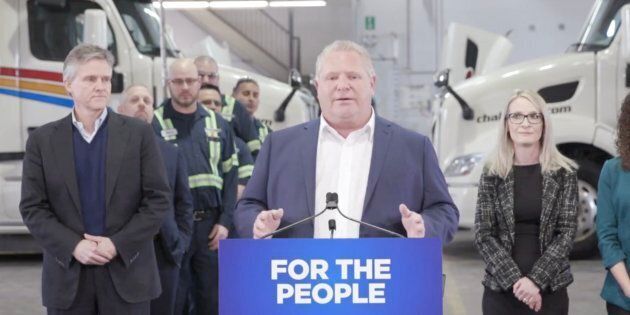 Ontario Premier Doug Ford speaks to reporters at Challenger Motor Freight in Cambridge, Ont. on March 13, 2019.