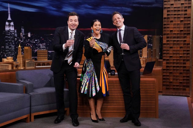 Jimmy Fallon, Lilly Singh, and 'Late Night' host Seth Meyers during a special announcement on March 14, 2019.