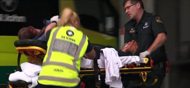 An image grab from TV New Zealand taken on March 15, 2019 shows a victim arriving at a hospital following the mosque shooting in Christchurch.