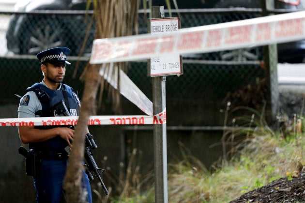 A police officer guards near the Masjid Al Noor mosque, site of one of the mass shootings at two mosques in Christchurch, New Zealand, on March 16, 2019.