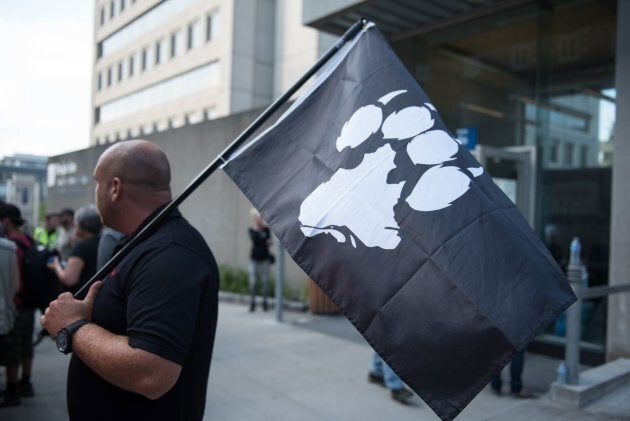 La Meute, a far-right, anti-immigration group, holds a rally in Quebec City on August 20, 2017.