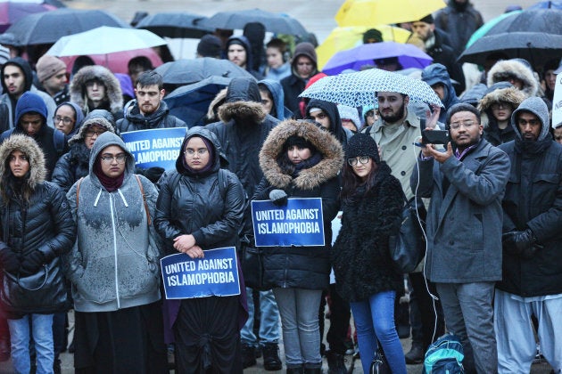 Canadians take part in a vigil for the victims of New Zealand mosque shootings held at Nathan Philips Square in Toronto, Ont. on March 15, 2019.