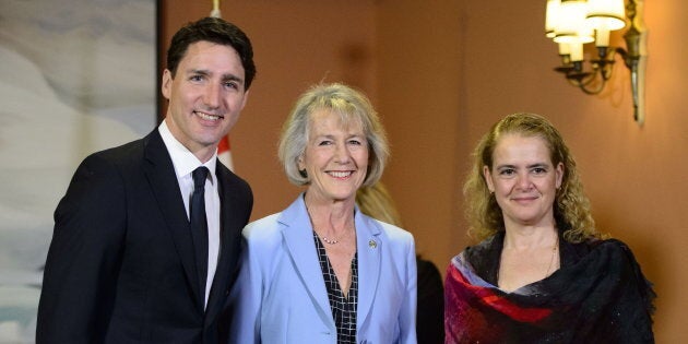 Prime Minister Justin Trudeau and Governor General Julie Payette stands with Joyce Murray after being sworn in a Treasury Board President during a cabinet shuffle at Rideau Hall in Ottawa on March 18, 2019.