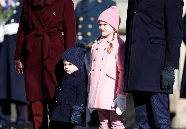 Prince Oscar of Sweden, having none of it, and Princess Estelle of Sweden attend the Crown Princess' Name Day celebrations at the Stockholm Royal Palace on March 12, 2019 in Stockholm, Sweden.