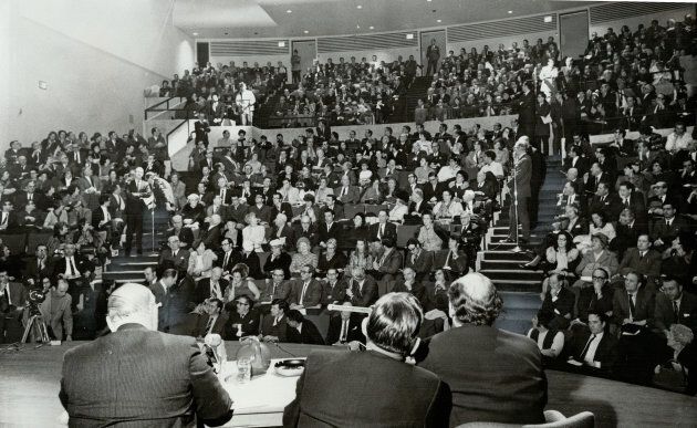 A crowd listens as panelists discuss tax proposals put forward in the Canadian government's White Paper on Tax Reforms. In the foreground, on the left, is Finance Minister Edgar Benson.