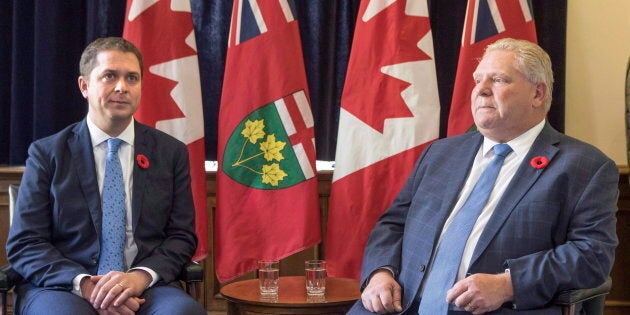 Federal Conservative Leader Andrew Scheer meets with Ontario Premier Doug Ford in the Queens Park Legislature in Toronto on Oct. 30, 2018.