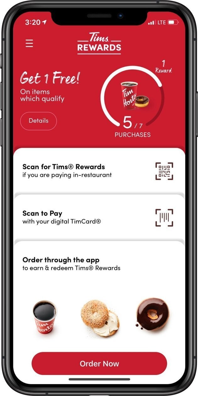 A provided photo of the Tims Rewards app screen.