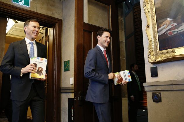 Prime Minister Justin Trudeau, right, and Finance Minister Bill Morneau, left, before tabling the federal budget in Ottawa on Tuesday, March 19, 2019.