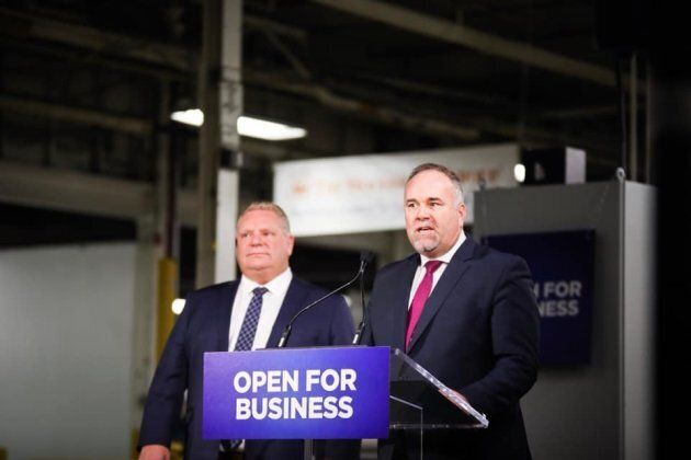 Ontario Premier Doug Ford and Minister of Economic Development Todd Smith make an announcement in February 2019. Smith introduced Bill 66 on Dec. 6, 2018.