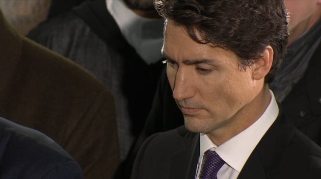 Prime Minister Justin Trudeau delivers a speech during a funeral ceremony held for six people who were killed in a shooting at a mosque in Quebec City.