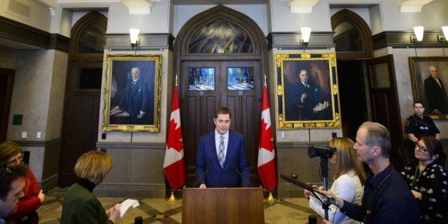 Conservative Leader Andrew Scheer holds a press conference on Parliament Hill in Ottawa on March 25, 2019.