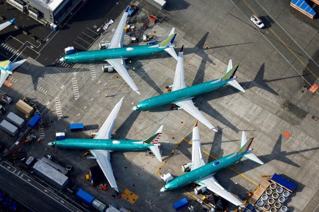 An aerial photo shows Boeing 737 MAX airplanes parked on the tarmac at the Boeing Factory in Renton, Wash., on Mar. 21, 2019.