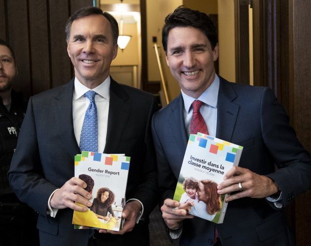 Prime Minister Justin Trudeau and Finance Minister Bill Morneau arrive in the Foyer of the House of Commons to table the federal budget on Parliament Hill in Ottawa on March 19, 2019.
