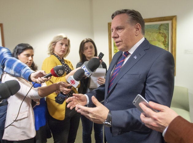 Quebec Premier Francois Legault speaks to the media on Feb. 15, 2019 in Montreal.
