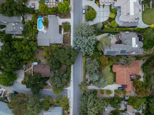 Aerial view of a suburban neighbourhood.