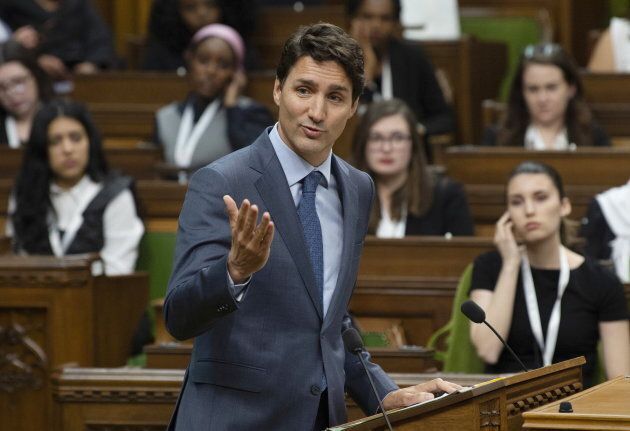 Prime Minister Justin Trudeau gestures to a delegate for a question following his speech to Daughters of the Vote in the House of Commons on Parliament Hill in Ottawa on April 3, 2019.