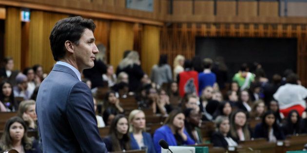 Canada's Prime Minister Justin Trudeau listens to a question during the Daughters of the Vote event in the House of Commons on Parliament Hill in Ottawa on April 3, 2019.