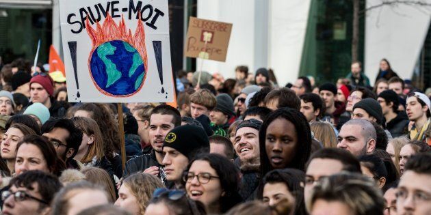 Thousands of protesters flood the streets of Montreal during the march for climate, on Mar. 15, 2019.