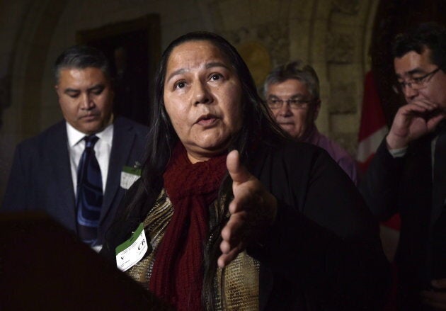 Judy Wilson, Chief of Neskonlith Indian Band and Executive Member of the Union of B.C. Indian Chiefs speaks during a press conference on the impact of Bill C-58 on Indigenous communities, in the foyer of the House of Commons on Dec. 4, 2017.