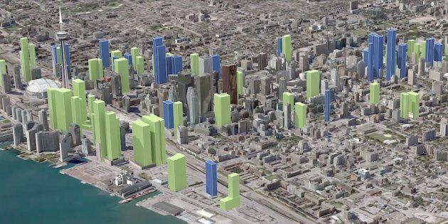 A screencap of Point2 Homes' rendering of the evolution of Toronto's skyline. The city could have as many as 81 new skyscrapers added to its skyline in the coming years.