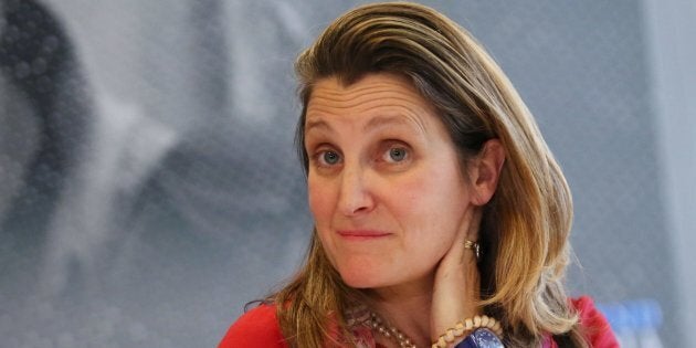 Foreign Affairs Minister Chrystia Freeland delivers a statement to media in the margins of the G7 Foreign Ministers Meeting in Dinard, France on April 5, 2019.