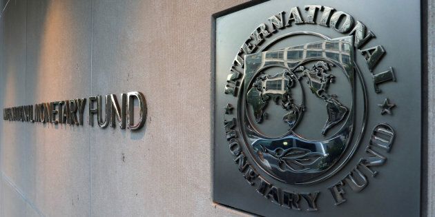 The IMF logo outside its headquarters in Washington, D.C., Sept. 4, 2018.