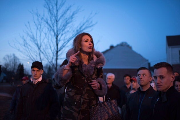 Faith Goldy speaks outside Wilfrid Laurier University on March 20, 2018.